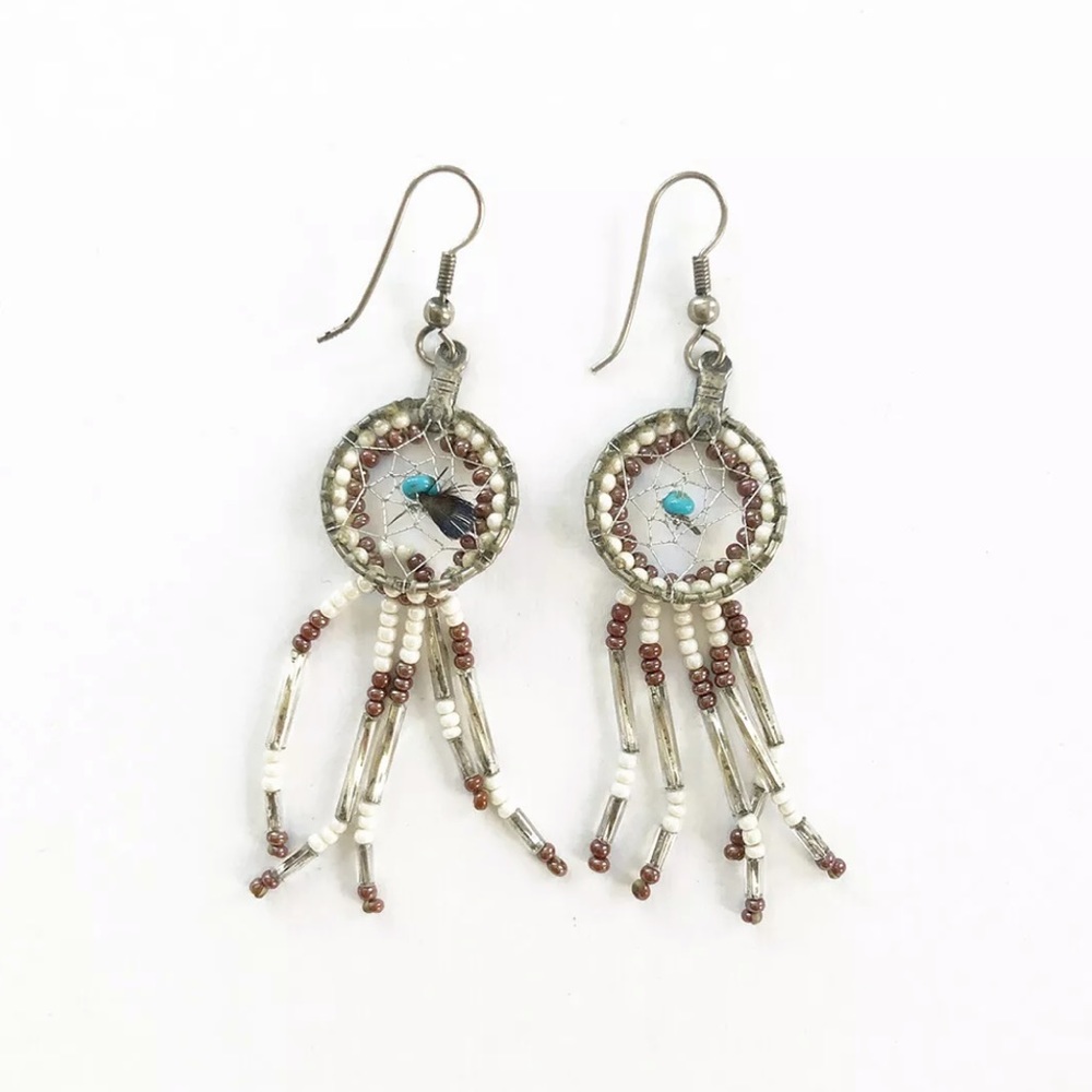 Vintage 60s glass beaded dream catcher earrings